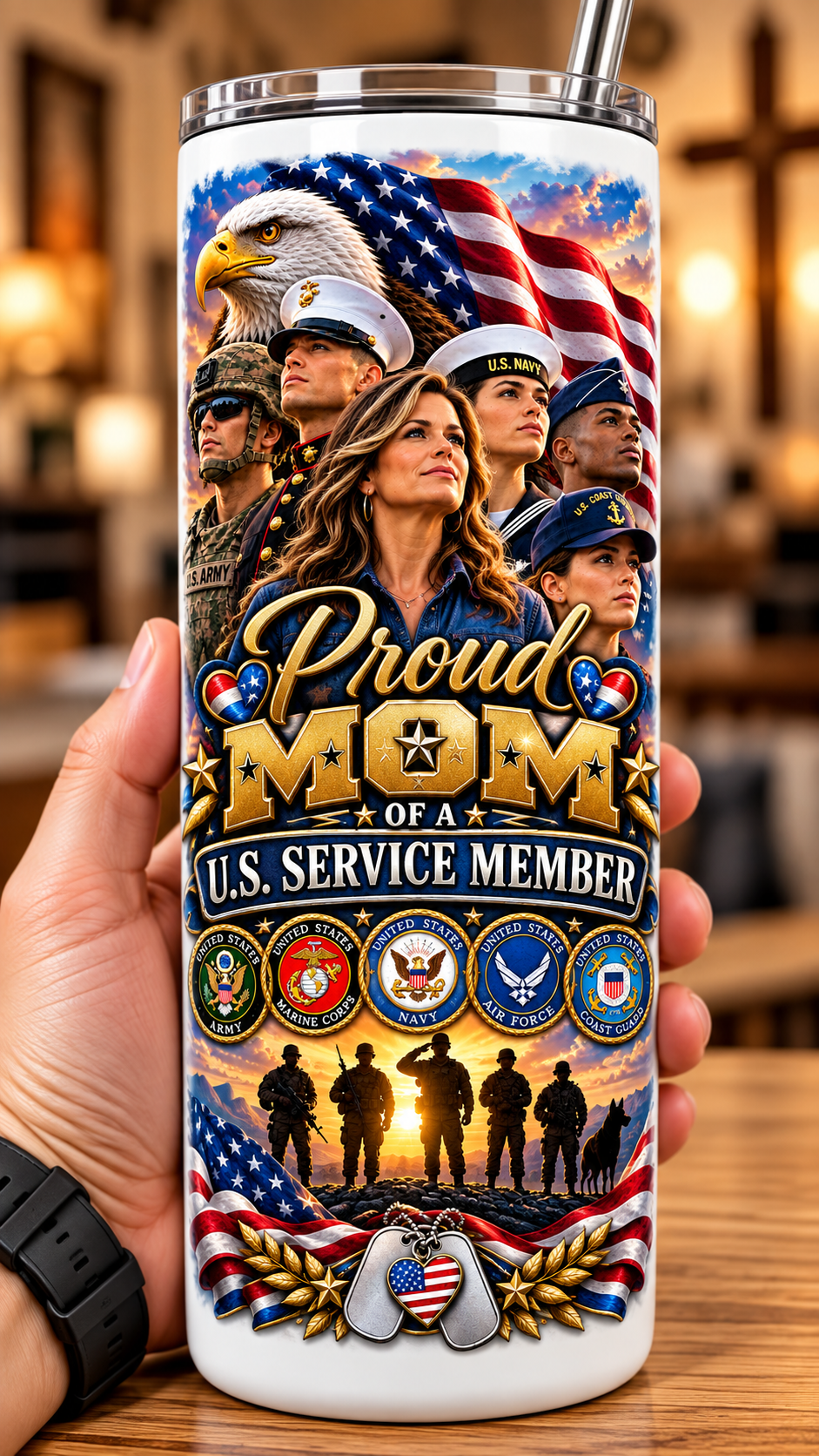 20 oz Skinny Tumbler - Patriotism Armed Services Proud Mom