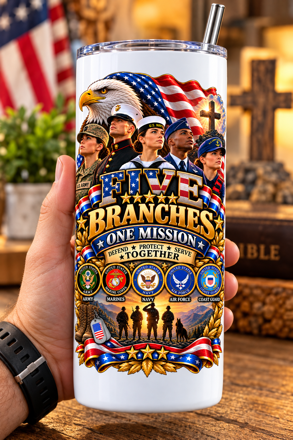 20 oz Skinny Tumbler - Patriotism Armed Services 2