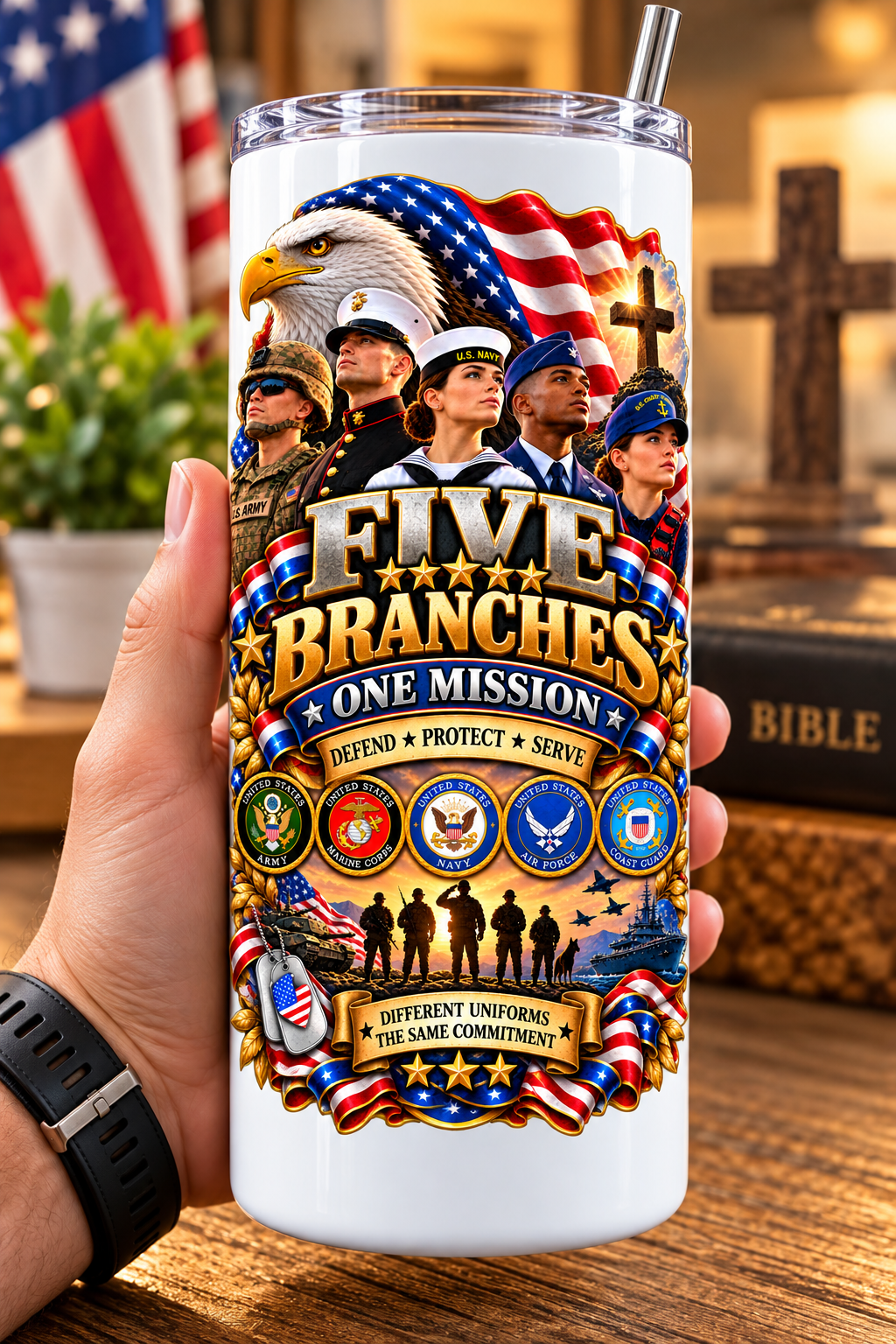 20 oz Skinny Tumbler - Patriotism Armed Services 3