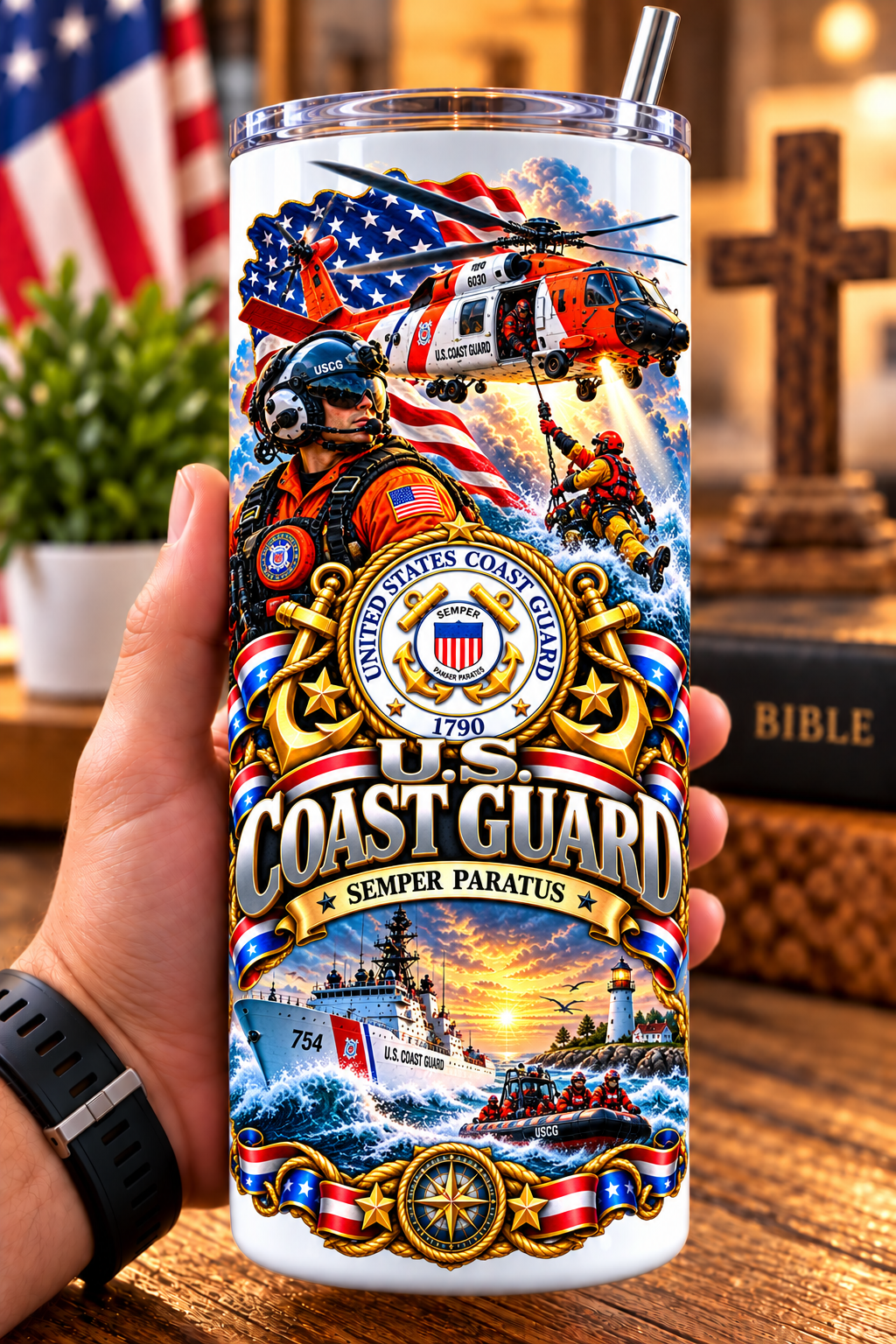 20 oz Skinny Tumbler - Patriotism Coast Guard 4