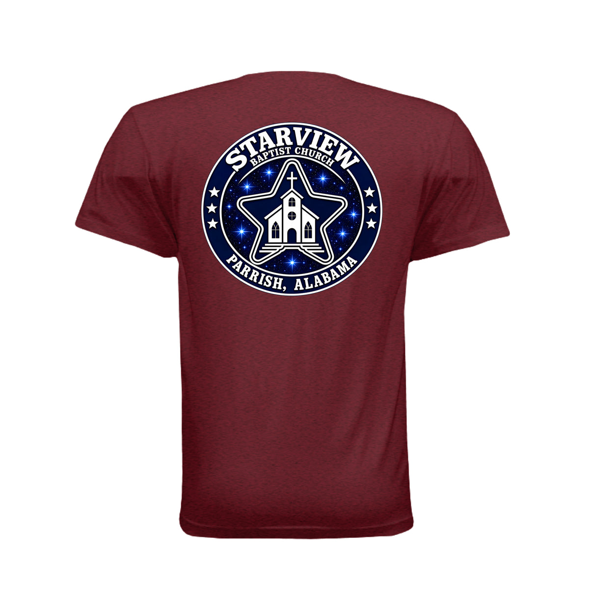 Back of a maroon T-shirt with the Starview Baptist Church logo, Parrish, Alabama
