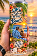 Handheld white 20 oz skinny tumbler with a beach sunset and Better Together couple design