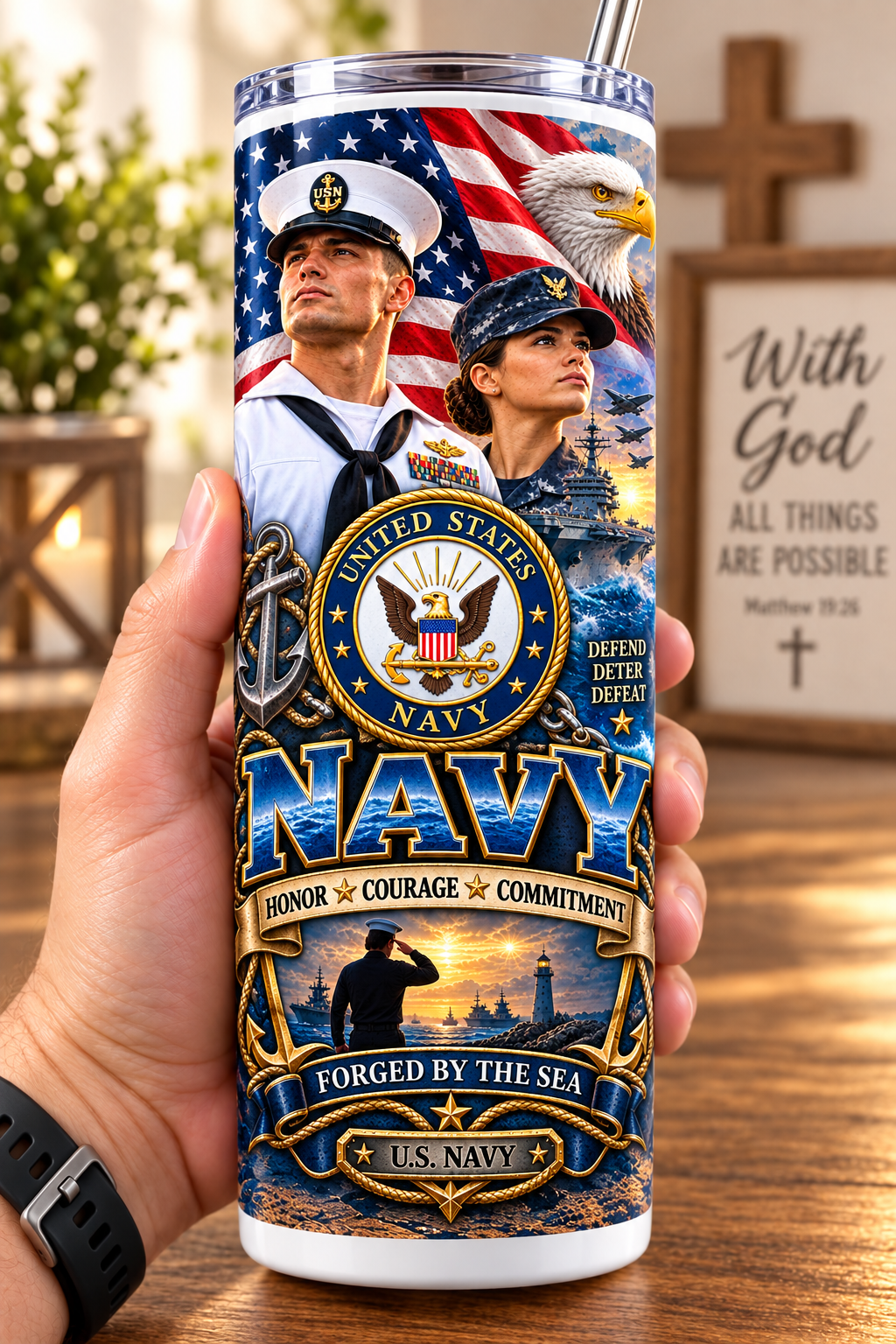 Hand holding a straight-sided 20 oz tumbler with Patriotism Navy 2 artwork on a warm wood counter