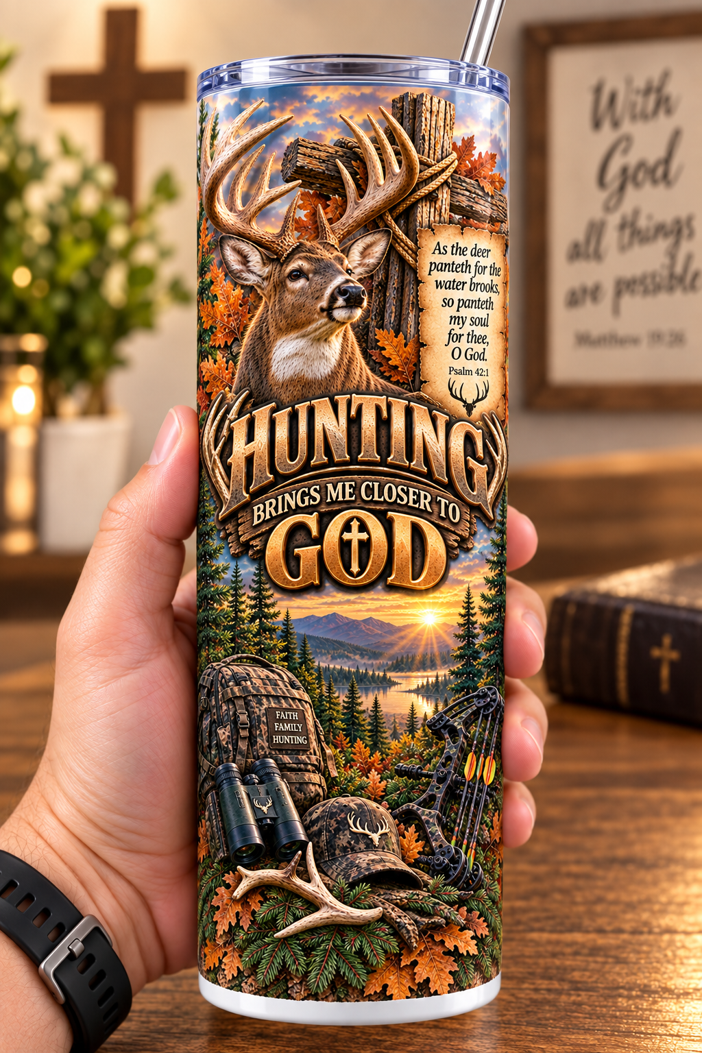 Hand holding a straight-sided 20 oz tumbler with Sports Hunting Brings Me Closer to God artwork on a warm wood counter