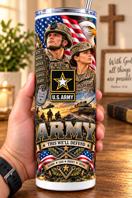 Hand holding a straight-sided 20 oz tumbler with Patriotism Army 4 artwork on a warm wood counter
