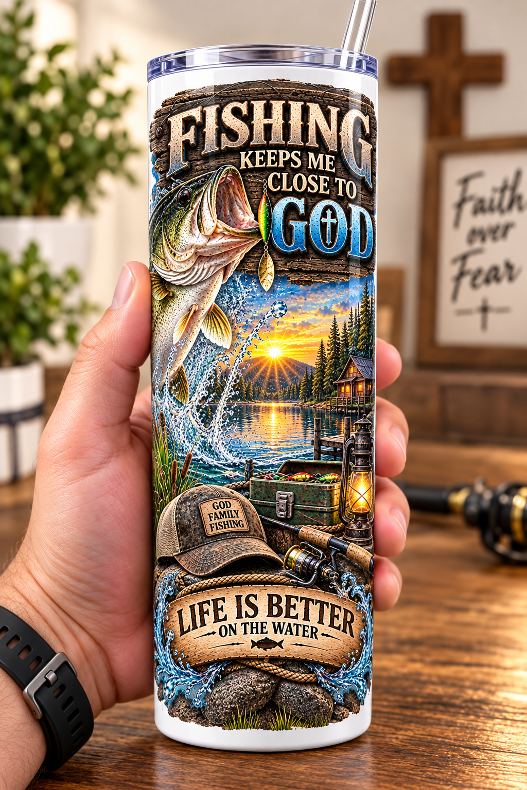 Sports Fishing handheld lifestyle tumbler mockup